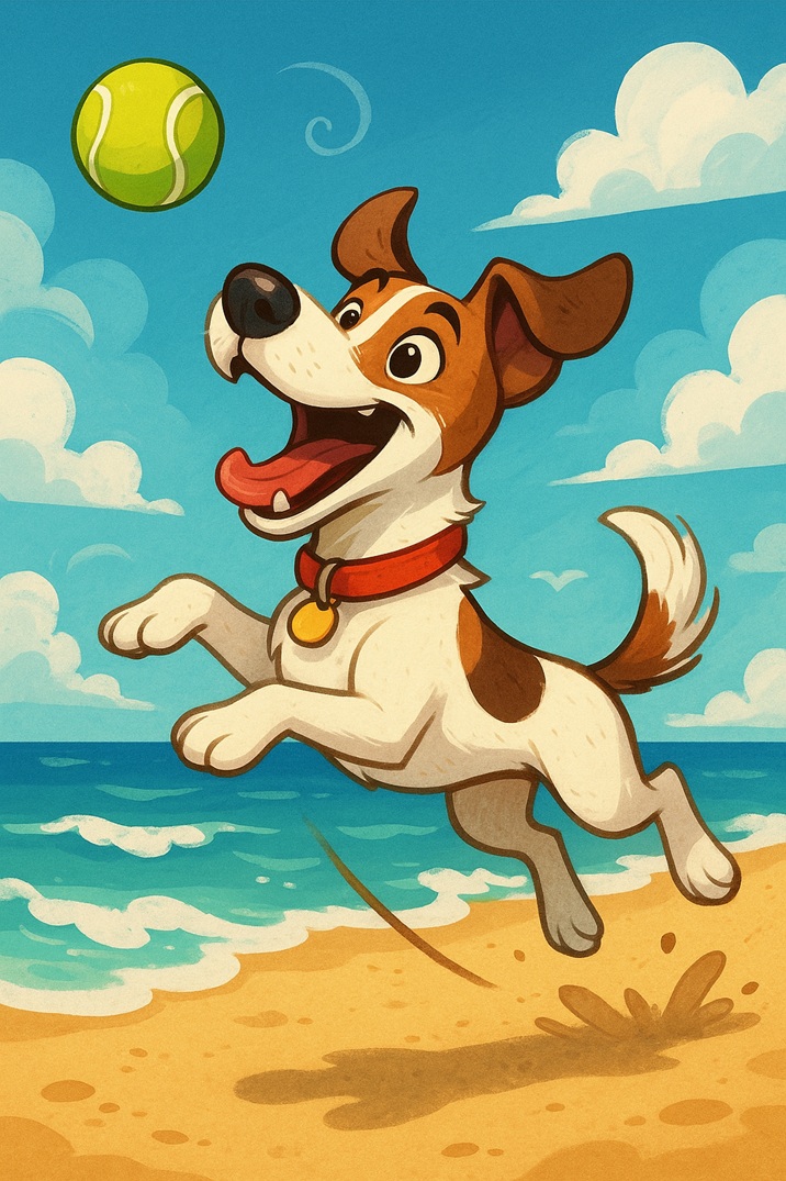 Milky the Jack Russell playing tennis on the beach