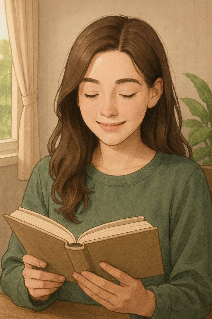 หญิงสาวอ่านหนังสือในห้องสว่าง