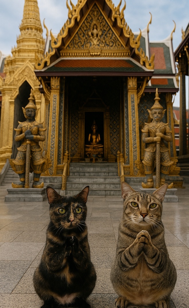 สองแมวไหว้พระที่วัดพระแก้ว
