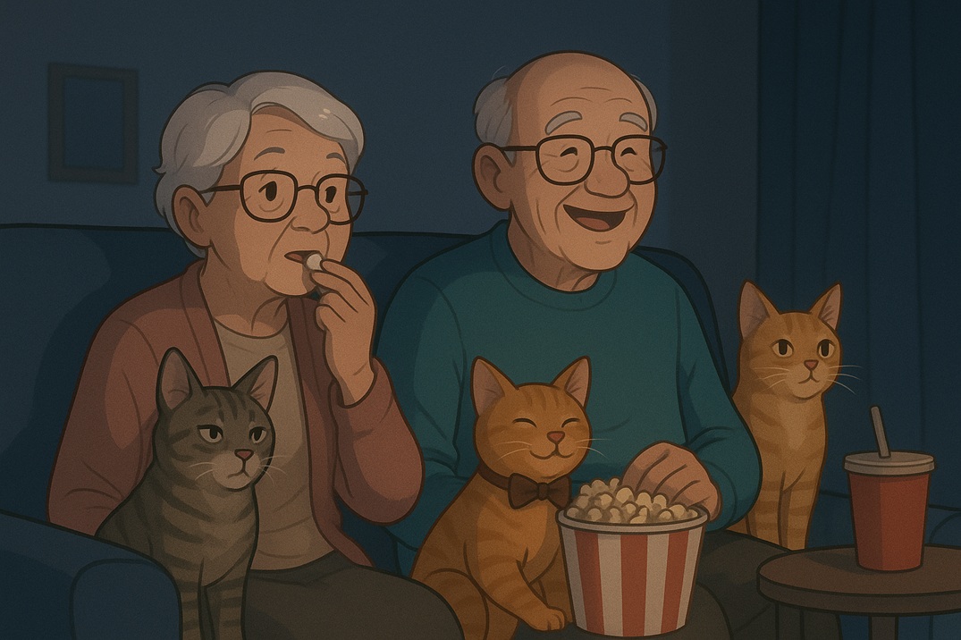 ผู้สูงอายุและแมว 3 ตัวดูหนังด้วยกัน