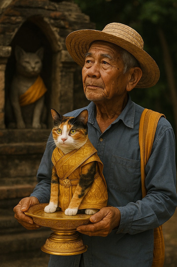 ชายสูงอายุและแมวในชุดไทย