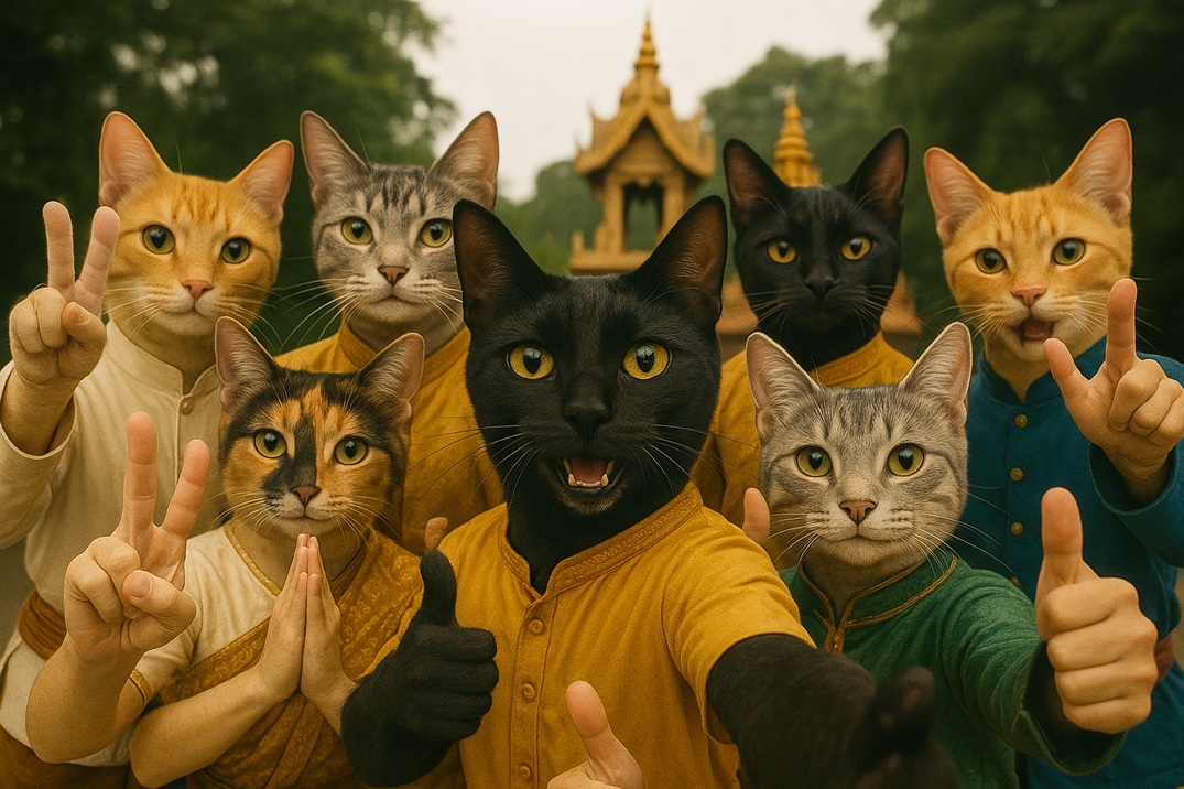 แมวชุดไทยถ่ายเซลฟี่กลางแจ้ง