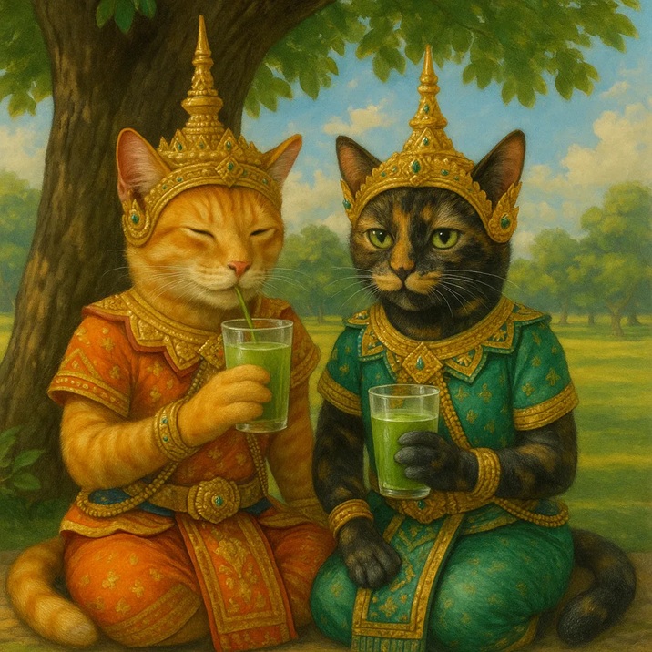แมว 2 ตัวดื่มน้ำเขียว